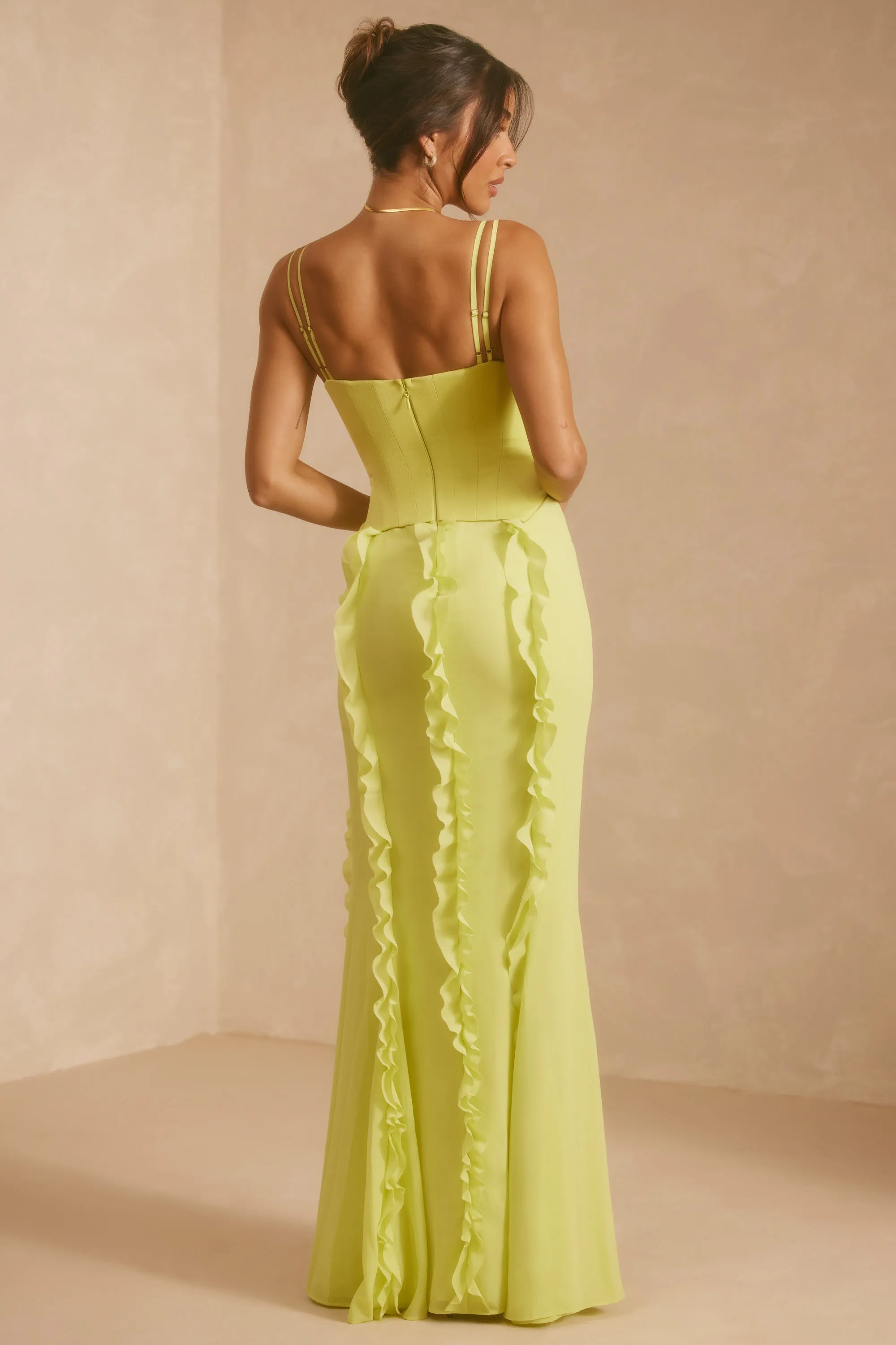 This maxi dress combines classic style with modern comfort for a timeless look Fog Veil Corset Frill Skirt Maxi Dress in Lime Green