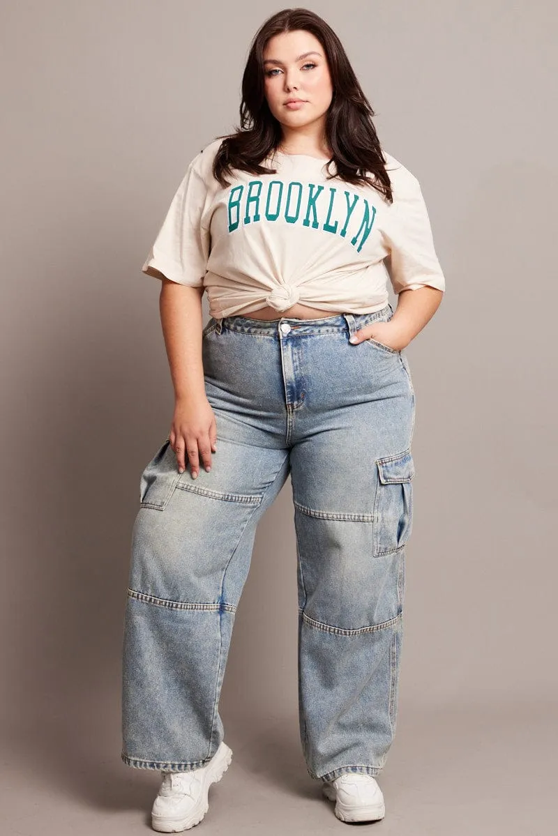 Modern Comfort Double Stitched Seams Denim Cargo Jeans High Rise