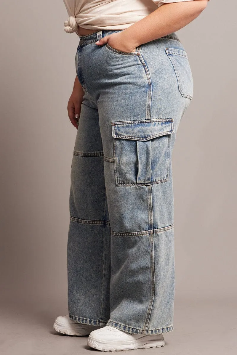 Denim Cargo Jeans High Rise Clean Detail No Fade Look