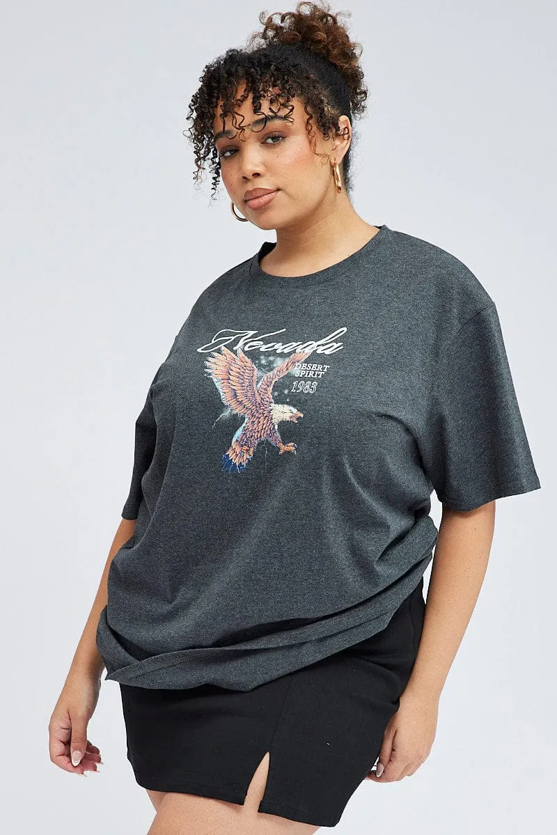 Breathable knit Anti Static Finish Grey Oversized T-shirt Nevada Eagle Graphic Print