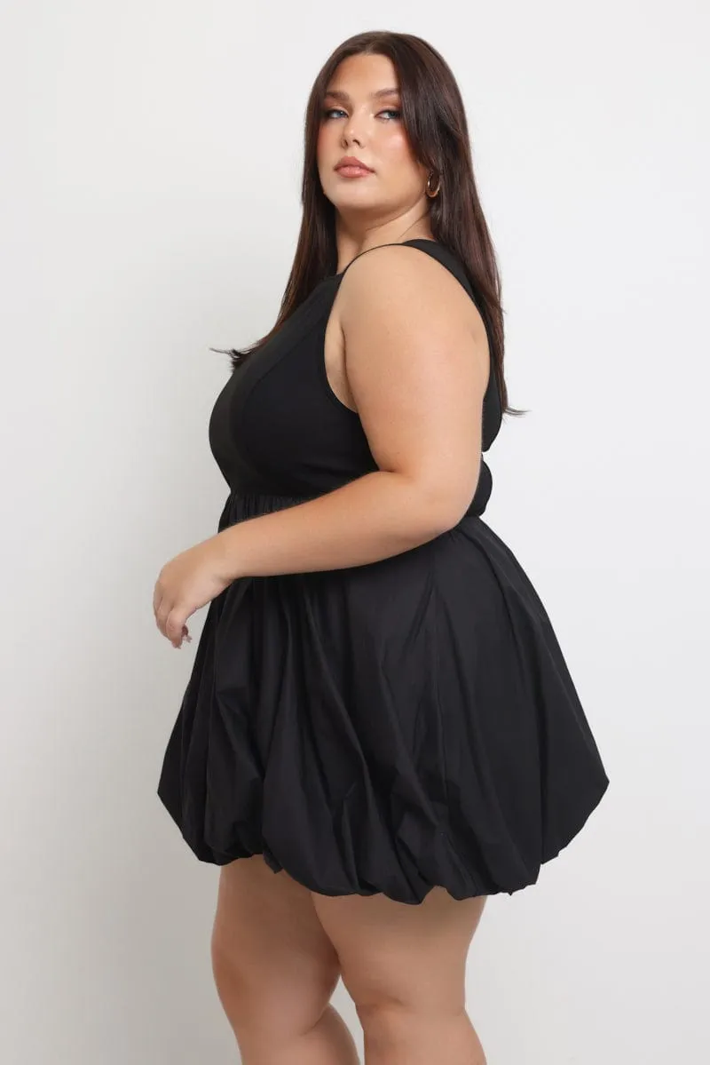 Cross Back Support Design Relaxed Look Black Bubble Mini Dress