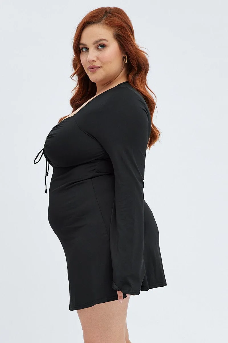 Black Mini Dress Tie Bust Flare Jersey Smooth Elastic