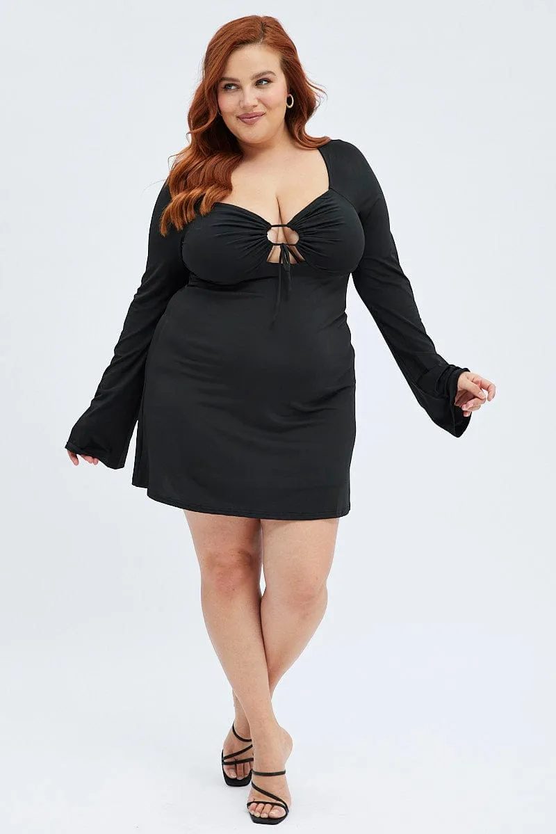 Lightweight Material Dressy Cool Black Mini Dress Tie Bust Flare Jersey