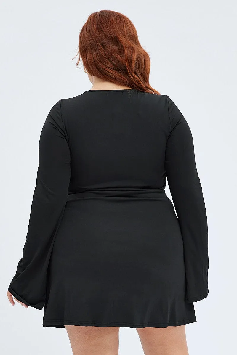 Smart Wear Modest Coverage Cut Black Mini Dress Tie Bust Flare Jersey
