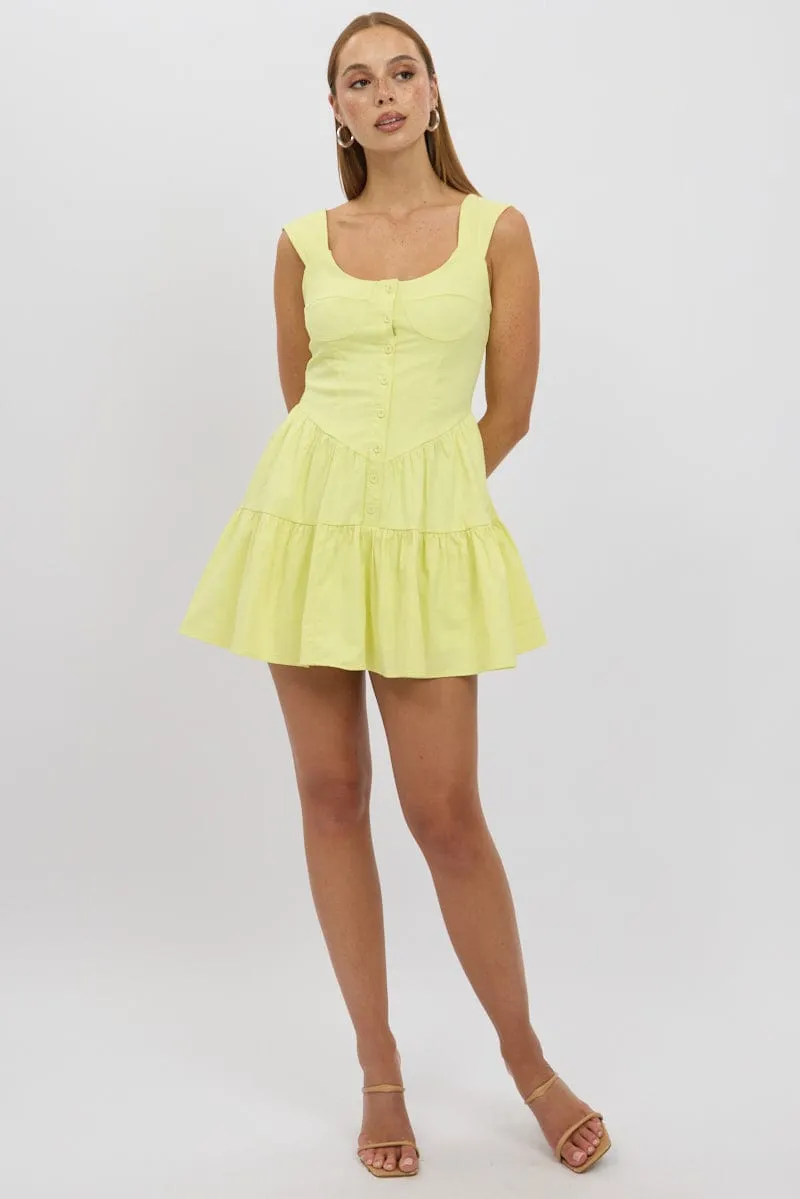 Yellow Fit And Flare Dress Mini Front Button Placket Full Circle Skirt Pattern Comfortable date night mini