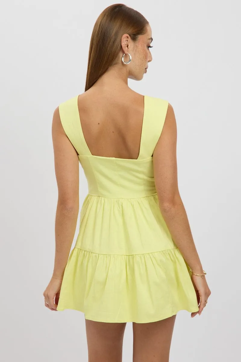 Yellow Fit And Flare Dress Mini Front Button Placket Summer Style Look Loud