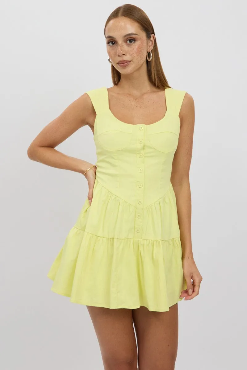 Yellow Fit And Flare Dress Mini Front Button Placket City Look
