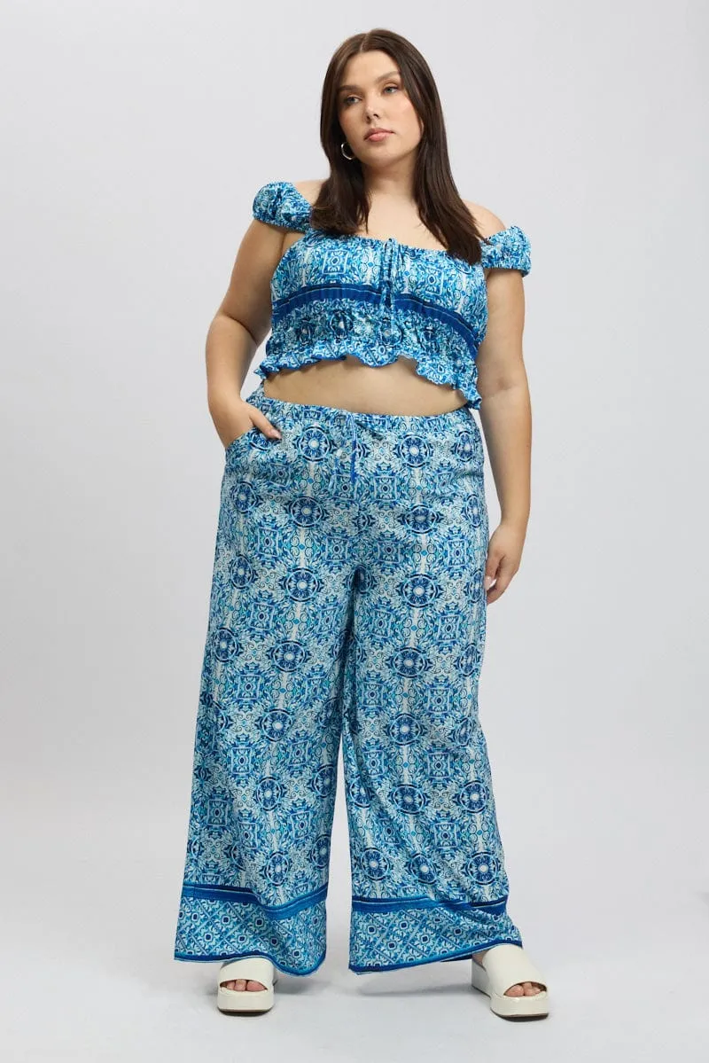 Comfortable Waistband Outdoor Comfort Fit Blue Boho Elastic Waist Border Print Wide Leg Pants