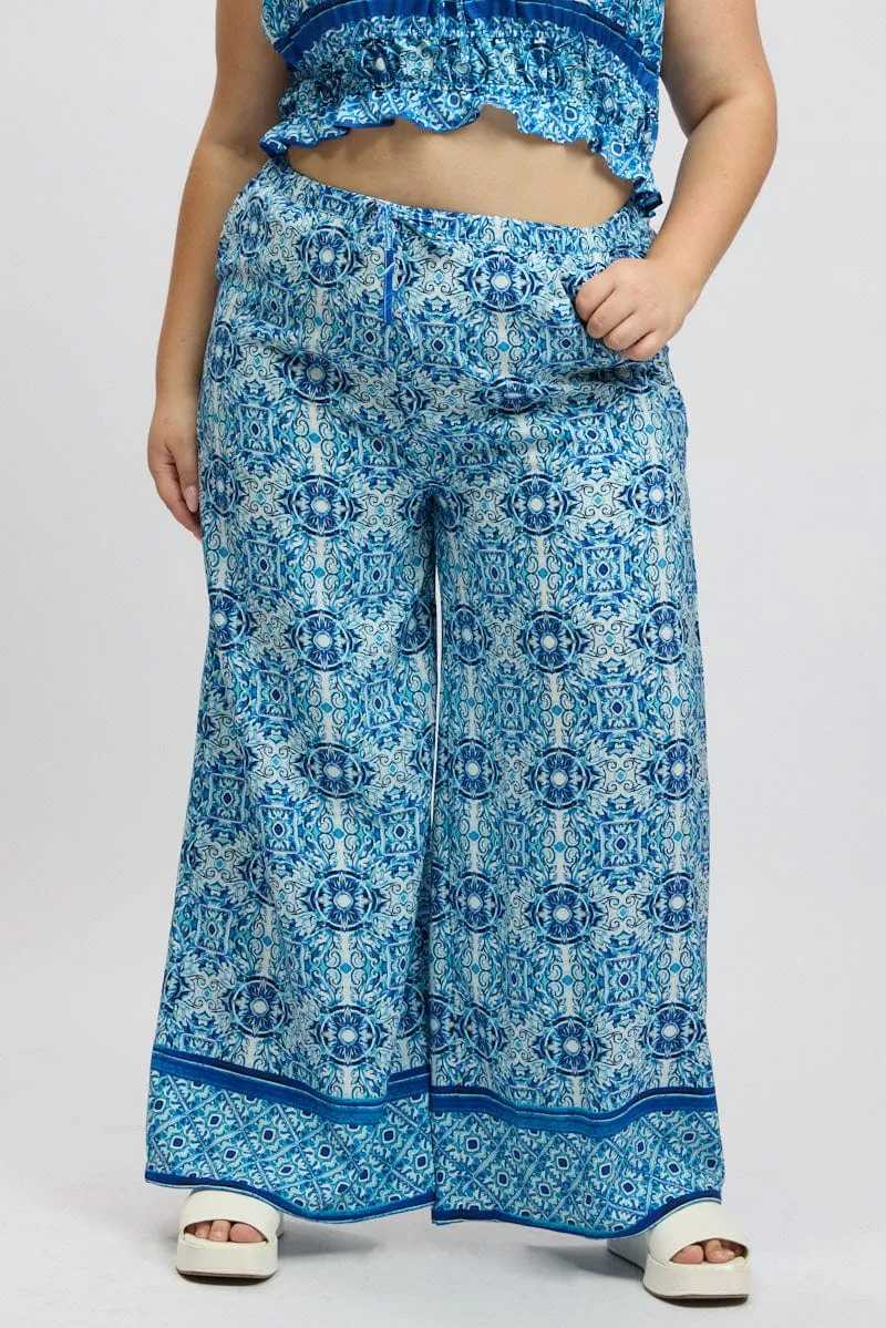 Soft Material Comfort Fit Blue Boho Elastic Waist Border Print Wide Leg Pants