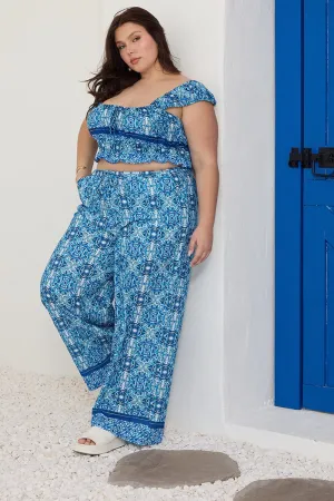 Blue Boho Elastic Waist Border Print Wide Leg Pants StretchWaistband