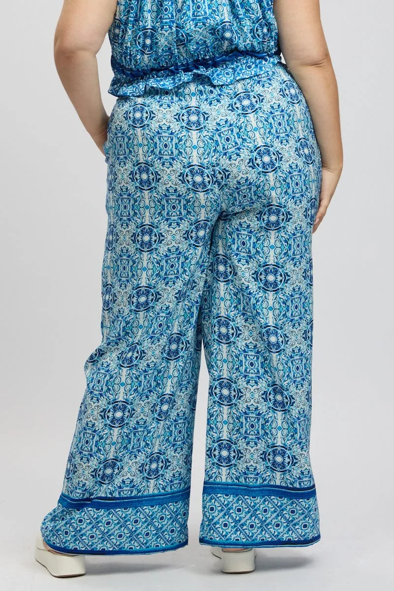 Blue Boho Elastic Waist Border Print Wide Leg Pants Zip-off legs Move Freely