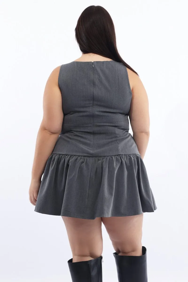 Grey Drop Waist Mini Dress Elasticized Cuff Design