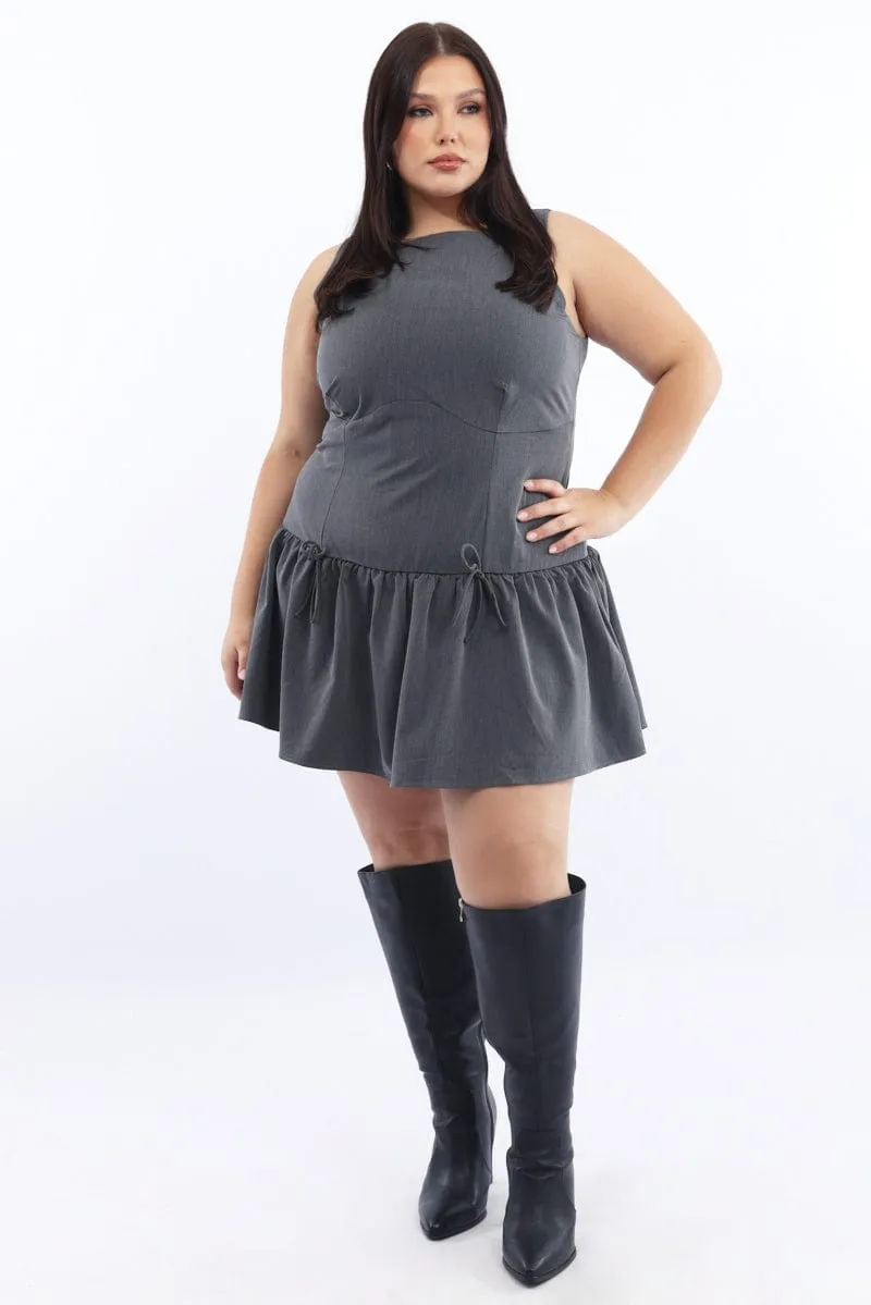 Fashionable above-the-knee gown Foldable Design Grey Drop Waist Mini Dress