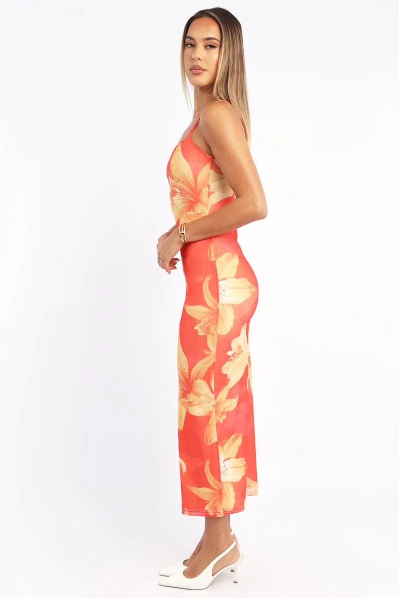 Blush Tone Orange Floral Bodycon Dress Maxi Mesh ?