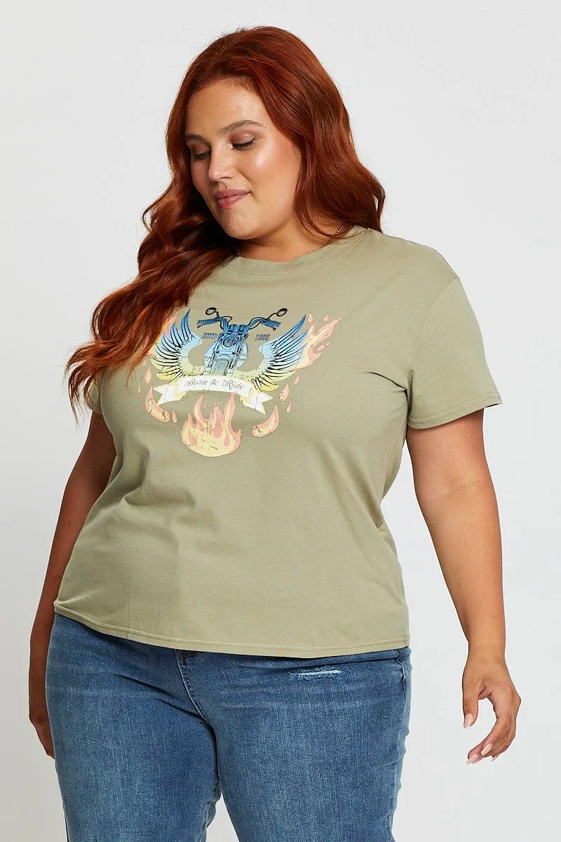 Vintage Style Comfortable Layering Green Graphic T-shirt Born To Ride Short Sleeve Cotton
