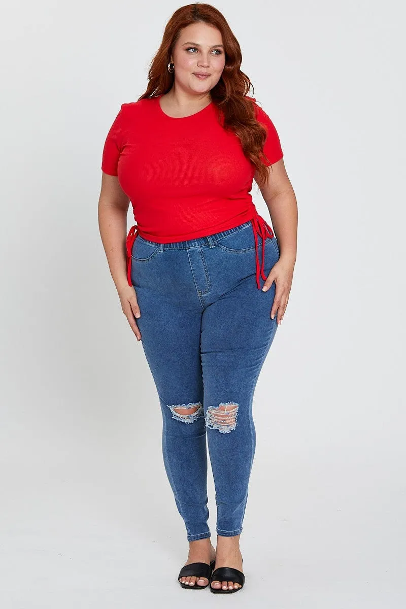 Urban Streetwear Red Short Sleeve Green Jersey Drawstring Side Top