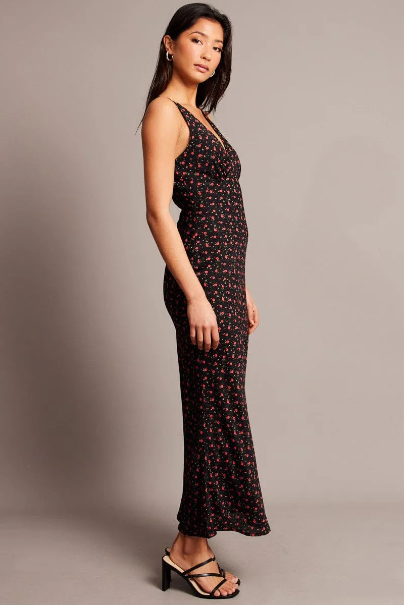 Marina Walk Suede Touch Black Ditsy Maxi Dress V-Neck Sleeveless