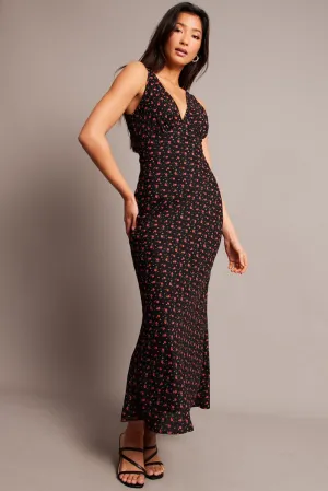 Shell Shine Denim Soft Black Ditsy Maxi Dress V-Neck Sleeveless