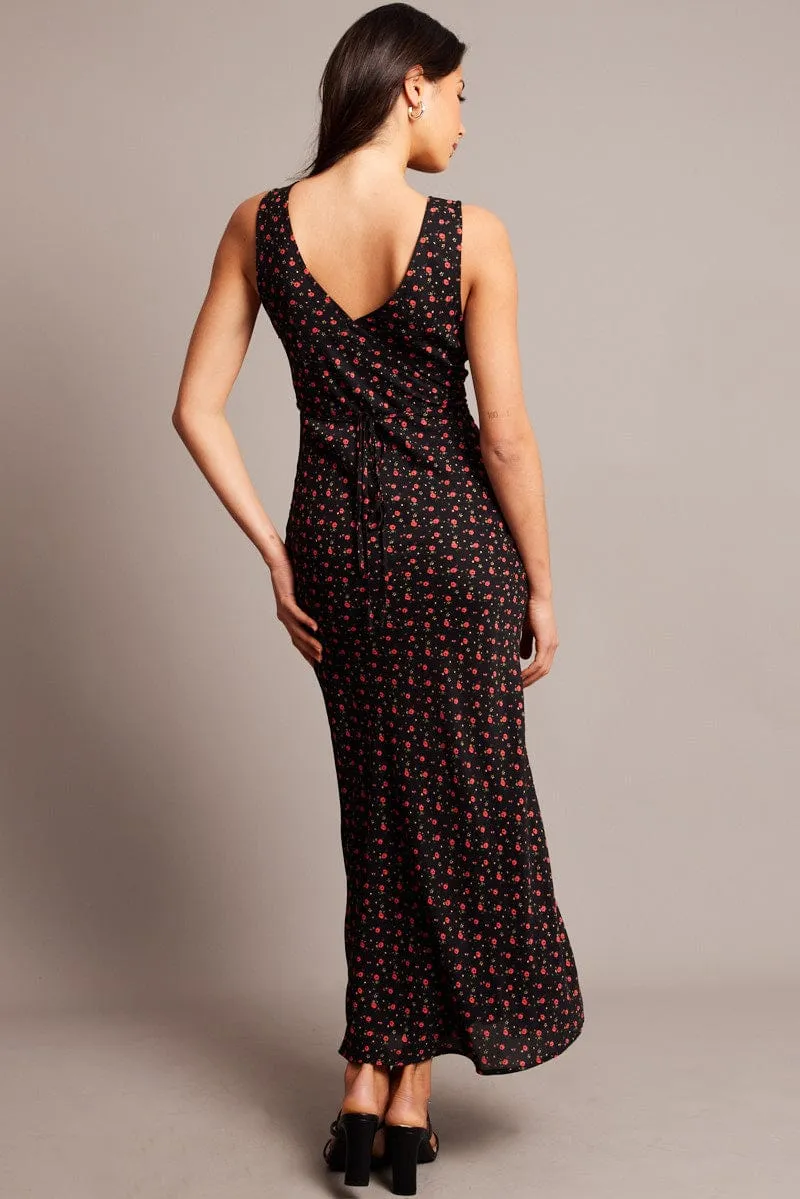 Black Ditsy Maxi Dress V-Neck Sleeveless Boho Spirit Wall Glow
