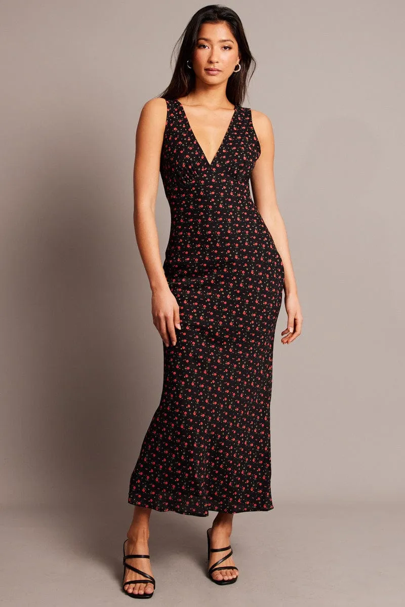 Black Ditsy Maxi Dress V-Neck Sleeveless This dress is designed to highlight your natural figure while providing ultimate comfort Fold Glow