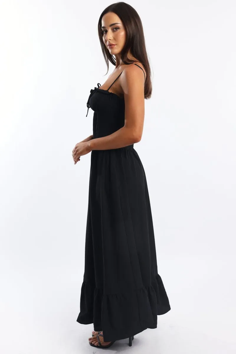 Black Maxi Dress Corset Detailed Shimmer Sky Fur Trim