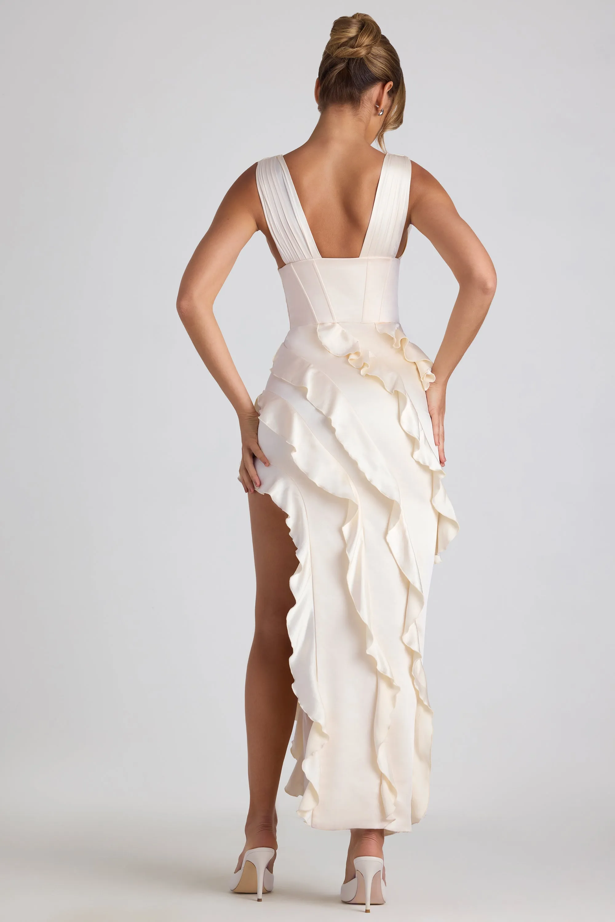 Versatile occasion dress Ruffle-Trim Corset Maxi Dress in Ivory