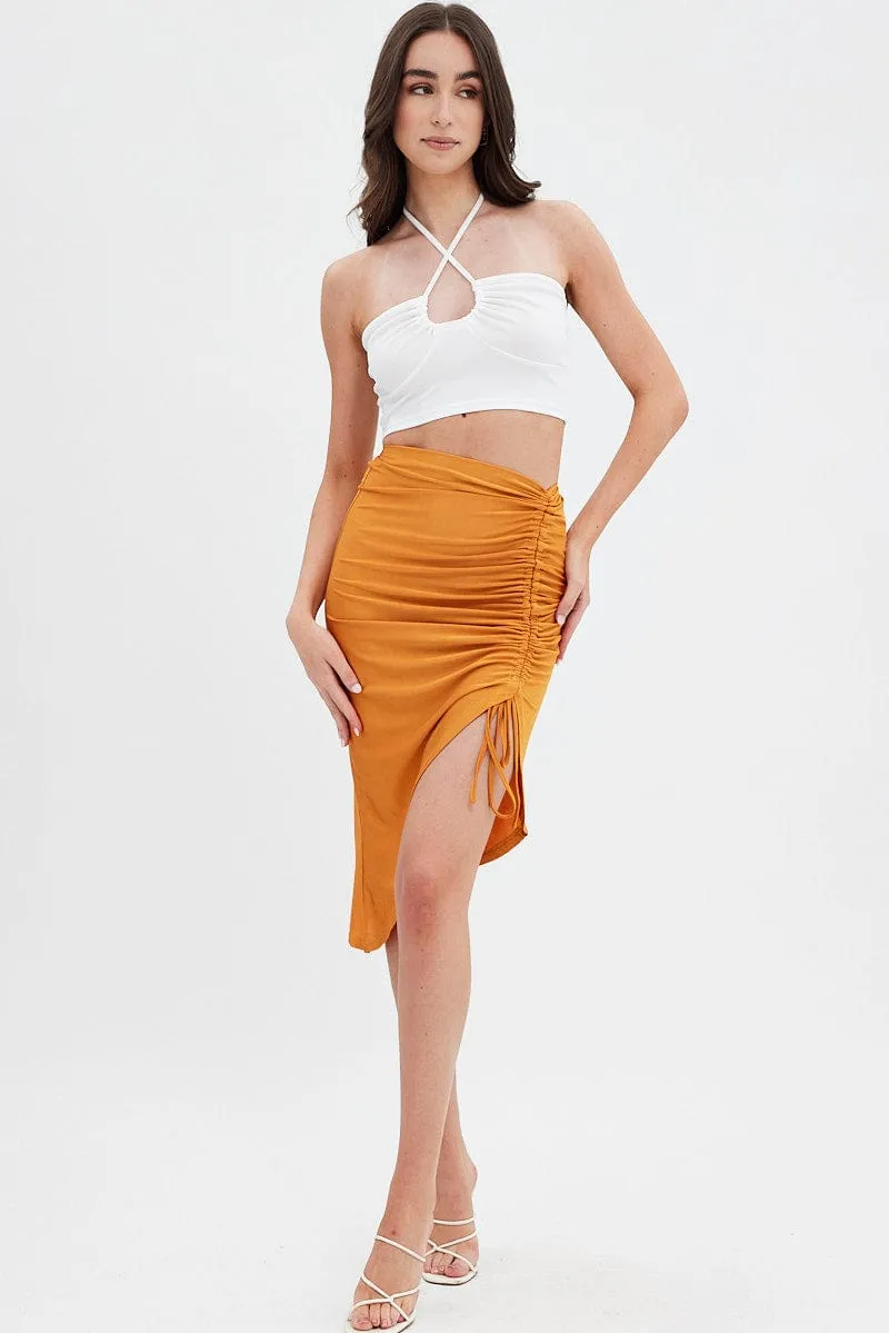 Soft Touch Refined Edge Beige Ruched Midi Skirt