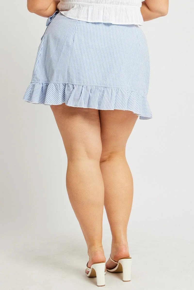 Blue Stripe Wrap Frill Miniskirt Simple Styling