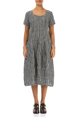 Short Sleeves Black & White Check Linen Dress EcoCertifiedTextile