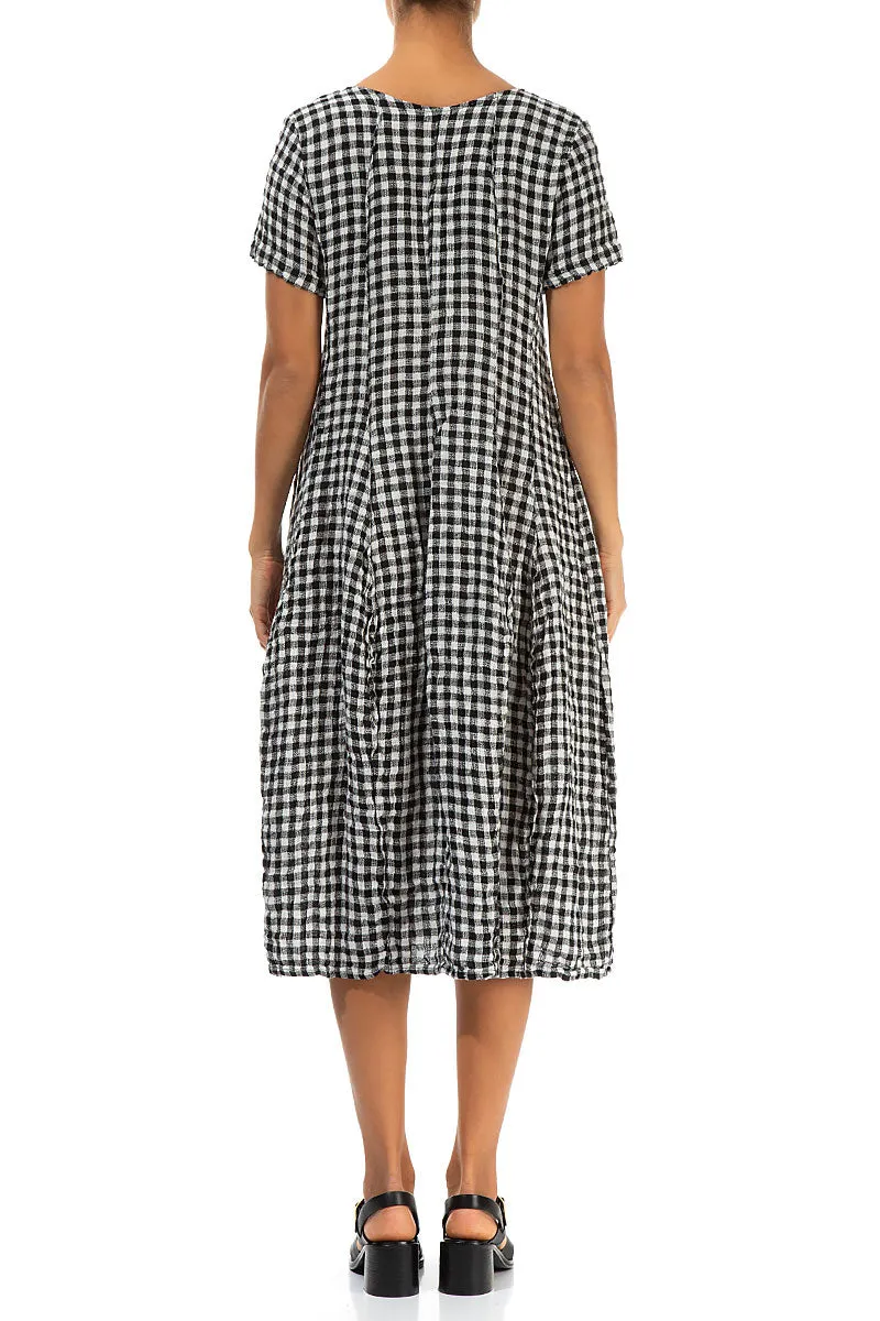 Cyber Glow Short Sleeves Black & White Check Linen Dress
