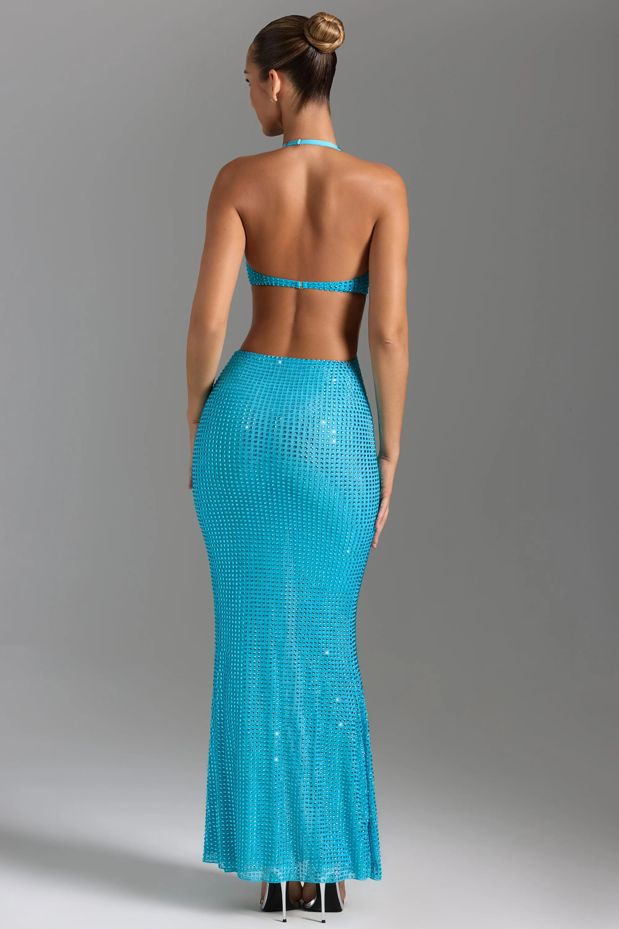 Embellished Cut-Out Halterneck Maxi Dress in Aqua Blue Wild Meadow Shell Shine