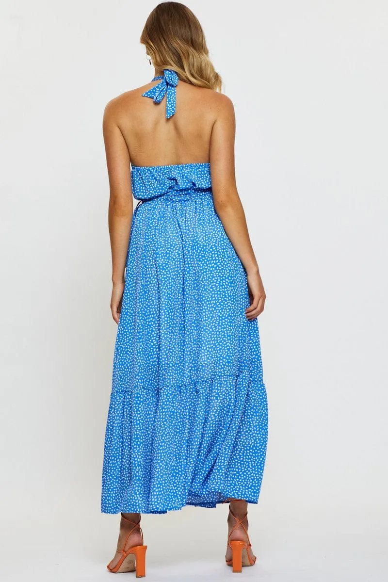 Geo Print Maxi Dress Halter Neck Ribbon Work Room Glow