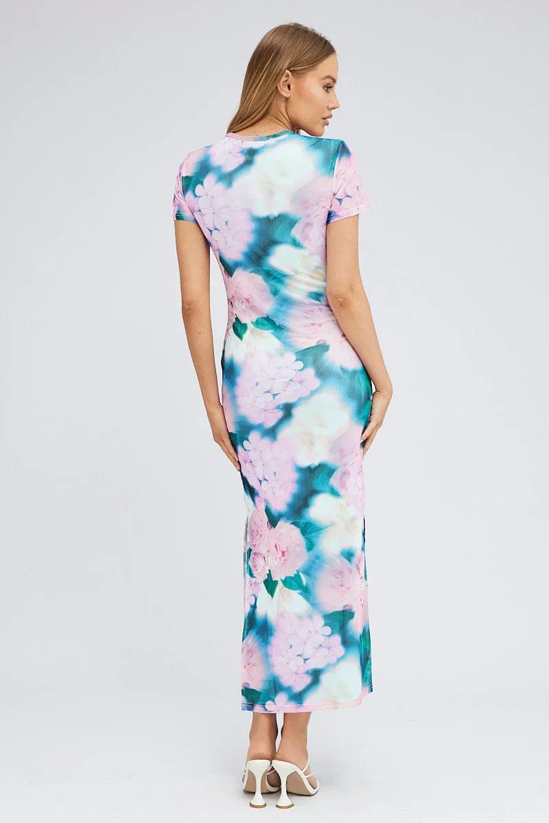 Pink Abstract Maxi Dress Short Sleeve Crew Neck Bodycon Mesh Herb Garden Inner peace