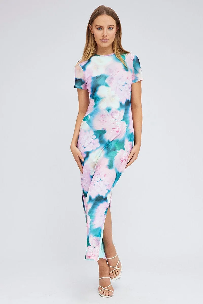 Pink Abstract Maxi Dress Short Sleeve Crew Neck Bodycon Mesh The maxi length of this dress provides full coverage while still maintaining a lightweight feel Crepe Soft