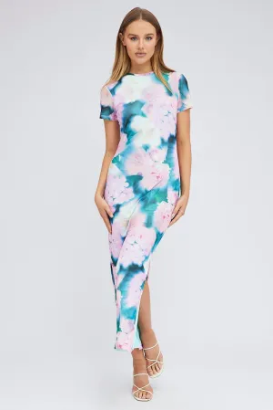 Pink Abstract Maxi Dress Short Sleeve Crew Neck Bodycon Mesh The maxi length of this dress provides full coverage while still maintaining a lightweight feel Crepe Soft