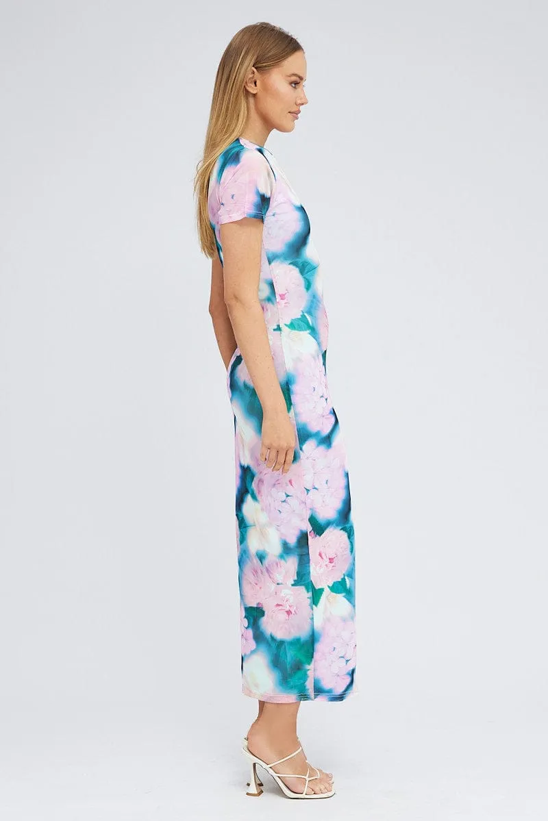 Pink Abstract Maxi Dress Short Sleeve Crew Neck Bodycon Mesh Tiered Skirt