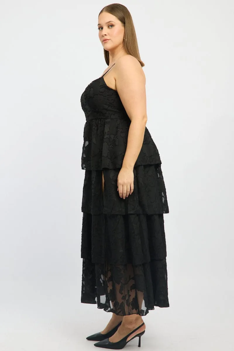 Black Midi Dress Sleeveless Tiered Jacquard Everyday Comfort