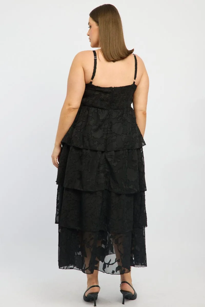 Black Midi Dress Sleeveless Tiered Jacquard Comfy Elegance