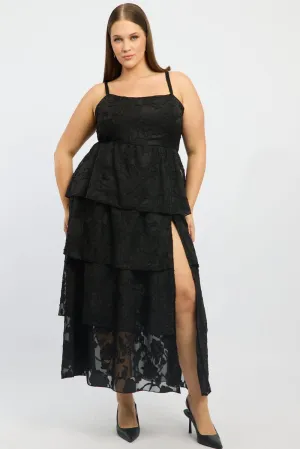 Black Midi Dress Sleeveless Tiered Jacquard Sunday Stroll Elegant semi-formal gown