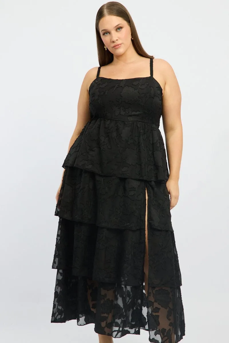 Fresh Air Black Midi Dress Sleeveless Tiered Jacquard