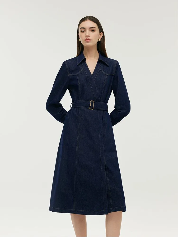 Denim Lapel Women Midi Dress With Belt Morning Stroll Art Gallery