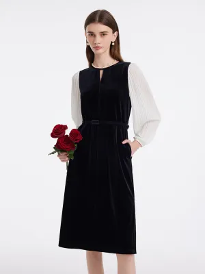 Pleated Sleeves Velvet Patchwork Women Midi Dress Work Smart Subtle Glamour