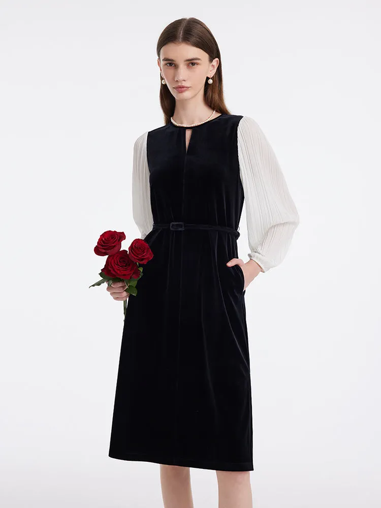 Pleated Sleeves Velvet Patchwork Women Midi Dress Copper Glow Season Proof