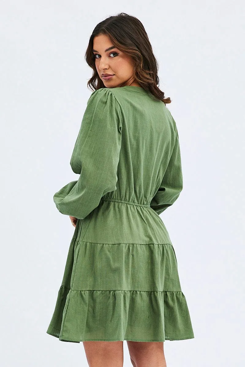Breathable Lining Green Shirt Dress Long Sleeve Tiered