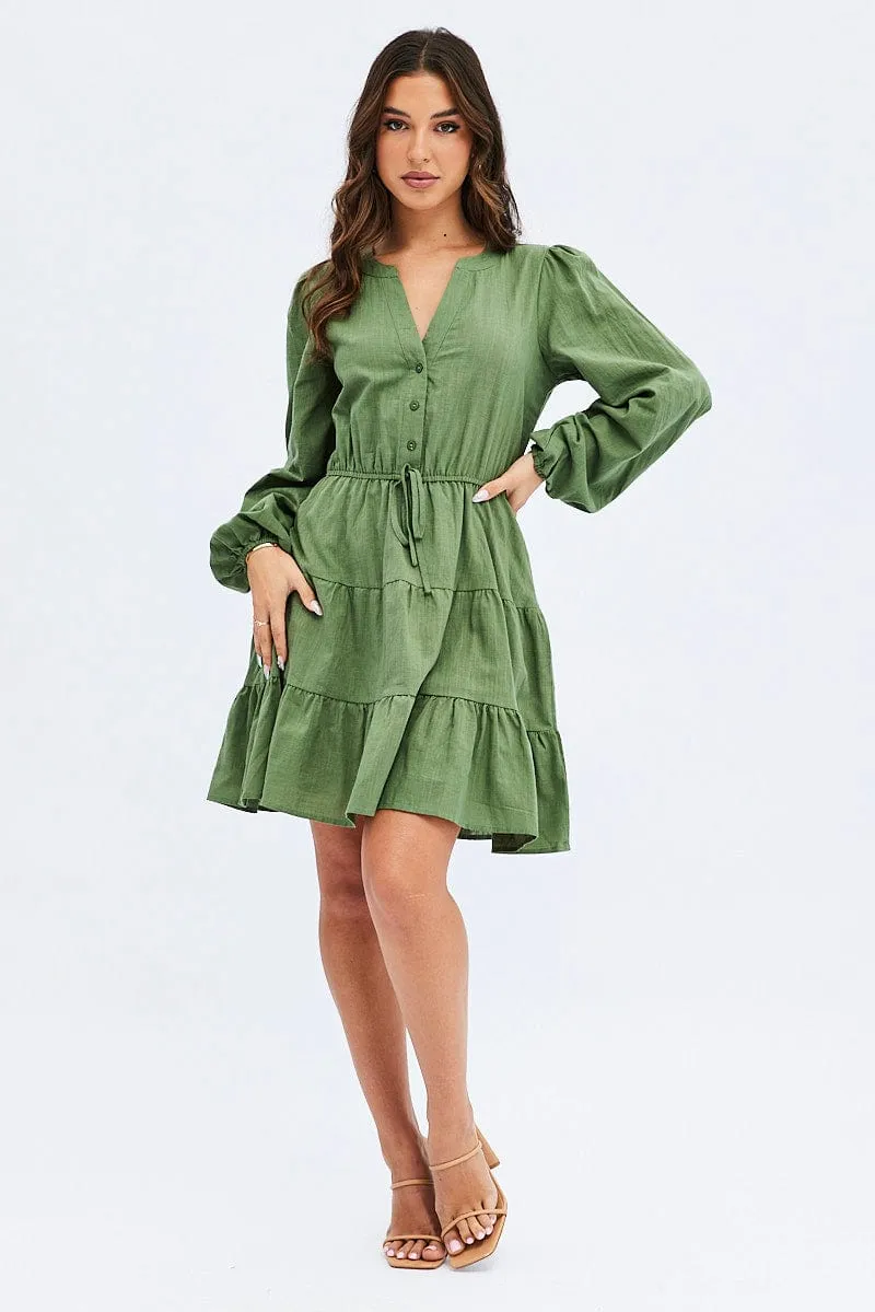 PrecisionTailoring Green Shirt Dress Long Sleeve Tiered