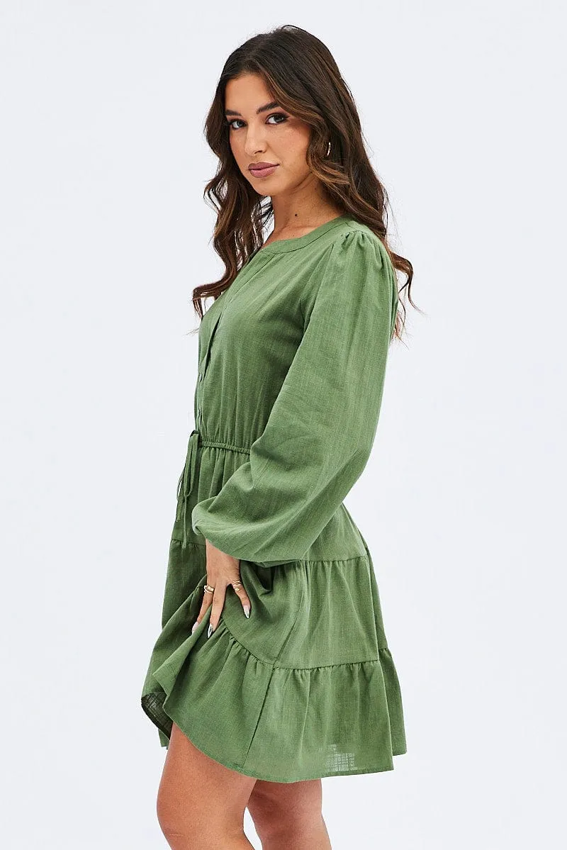 Fashionable Skirt Green Shirt Dress Long Sleeve Tiered