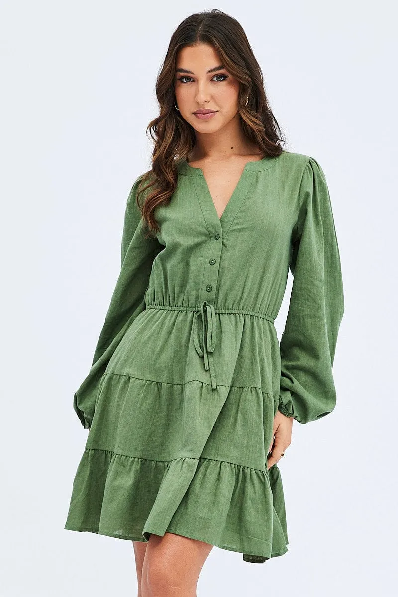 Green Shirt Dress Long Sleeve Tiered Work Safe Breezy Comfort