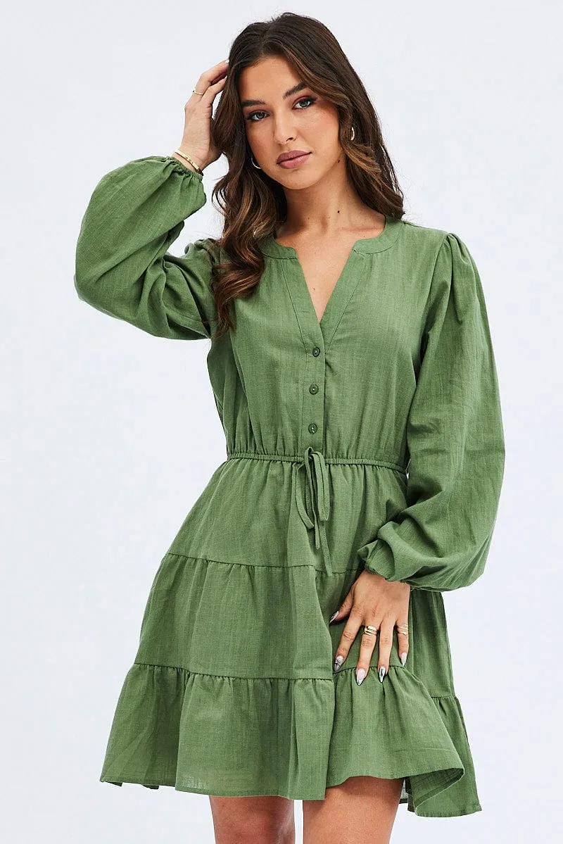Craft Core NonChafe Green Shirt Dress Long Sleeve Tiered