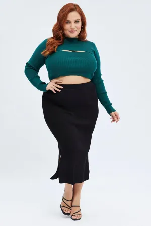 Linen blend Reinforced Hemline Black Knit Skirt Midi Side Split