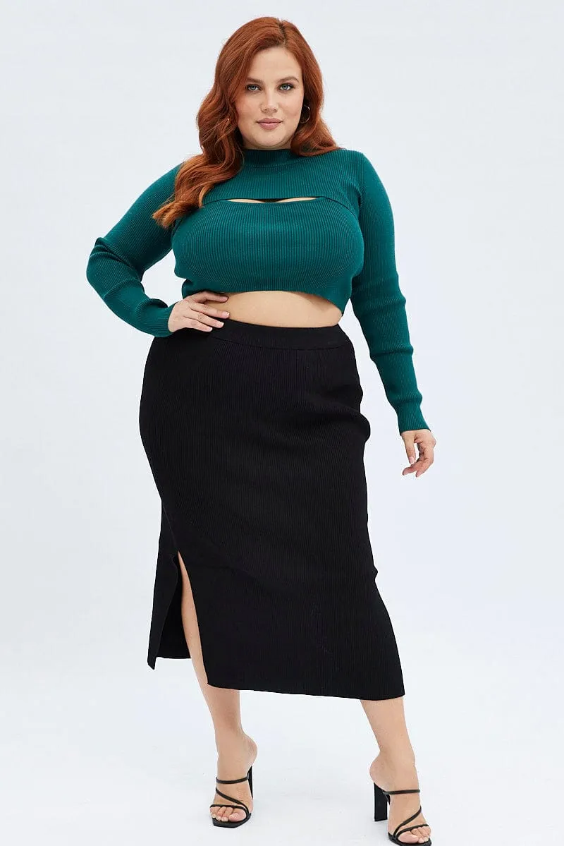 Black Knit Skirt Midi Side Split Hip Skimming Smart Fit